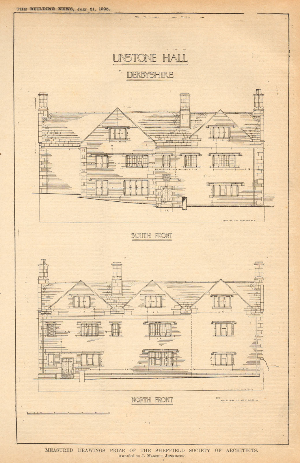 Unstone Hall, Derbyshire, south & north front by J. Mansell Jenkinson 1905